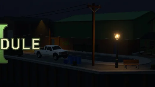 A quiet Hyland Point street at night with a pickup truck, a street lamp and a bait shop, beside the Schedule I logo