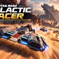 A battered red and gray landspeeder races across a desert at full speed past a crashed Star Destroyer, with rival speeders behind it and the Galactic Racer title in the corner