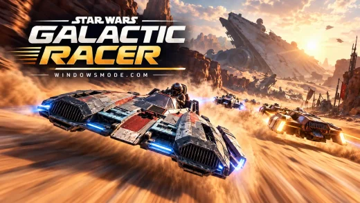 A battered red and gray landspeeder races across a desert at full speed past a crashed Star Destroyer, with rival speeders behind it and the Galactic Racer title in the corner