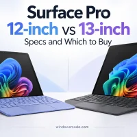 A Surface Pro 12-inch with a violet keyboard and pen beside a larger Surface Pro 13-inch with a black keyboard, both on their kickstands under the title Surface Pro 12-inch vs 13-inch