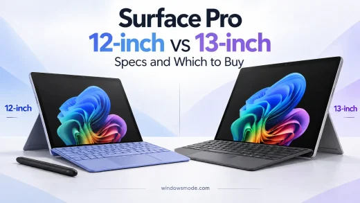 A Surface Pro 12-inch with a violet keyboard and pen beside a larger Surface Pro 13-inch with a black keyboard, both on their kickstands under the title Surface Pro 12-inch vs 13-inch