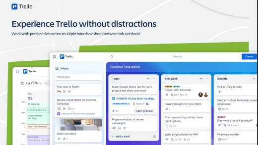Trello desktop app showing the Inbox panel, a Personal Task Board with Today, This week and Errands lists, and a Planner calendar column