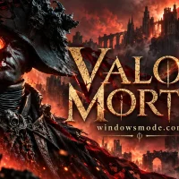 A corrupted Napoleonic officer in a bicorne hat with a glowing red eye and torn red growths stands before burning Gothic ruins and battle banners under a blood-red sky, beside the Valor Mortis title