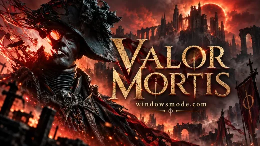 A corrupted Napoleonic officer in a bicorne hat with a glowing red eye and torn red growths stands before burning Gothic ruins and battle banners under a blood-red sky, beside the Valor Mortis title