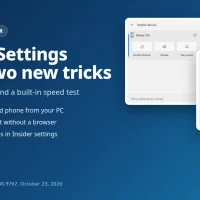 Windows 11 Quick Settings showing the new Mobile devices phone controls and internet speed test