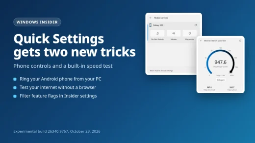 Windows 11 Quick Settings showing the new Mobile devices phone controls and internet speed test