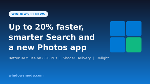 Windows 11 news graphic: up to 20% faster, smarter Search and a new Photos app
