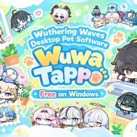 Wuwa Tappo Wuthering Waves desktop pet title with a Free on Windows label, surrounded by chibi Resonators, with both Rovers leaning over a keyboard and the windowsmode.com logo in the corner