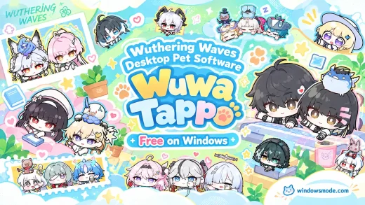 Wuwa Tappo Wuthering Waves desktop pet title with a Free on Windows label, surrounded by chibi Resonators, with both Rovers leaning over a keyboard and the windowsmode.com logo in the corner