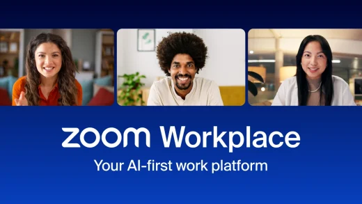 Zoom Workplace banner with three smiling people on video tiles above the Zoom Workplace logo and the line Your AI-first work platform