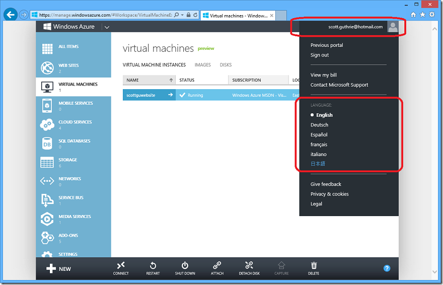 Azure language settings