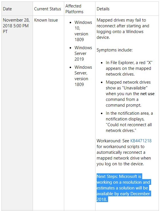 Next windows 10 version 1809 cumulative update to fix mapped network drive bug 524044 2