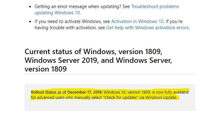 Manually checking for updates will now download windows 10 version 1809 524312 2