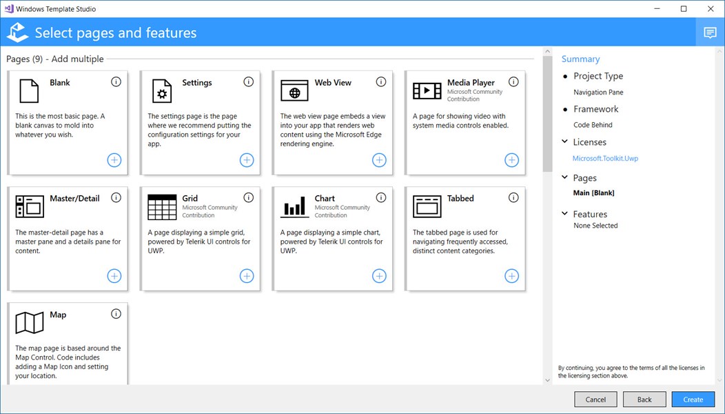 Select pages features windows template studio