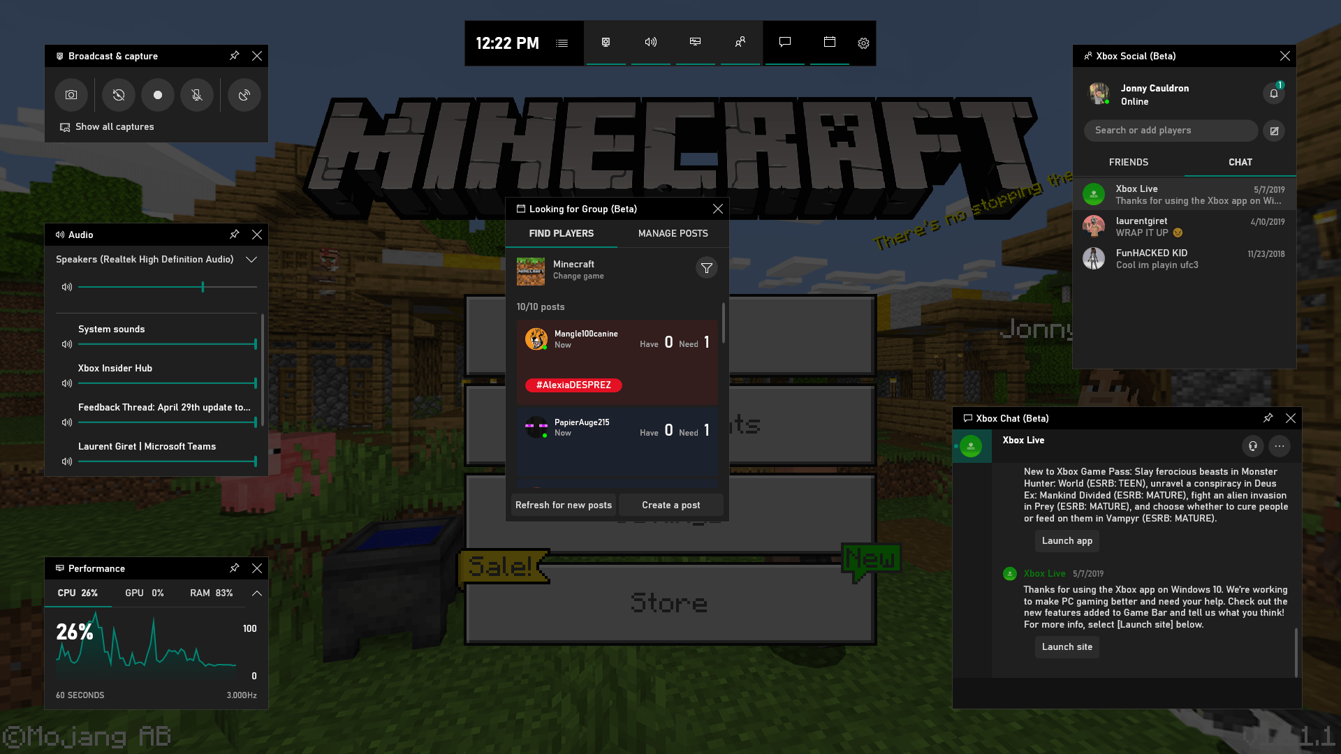 Xbox gamebar minecraft