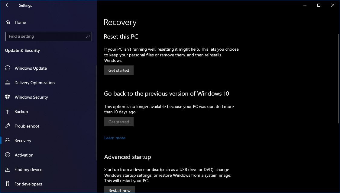 How to fix the cloud reinstall option in windows 10 20h1 preview builds 527353 2