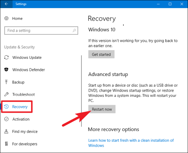 Enter recovery mode in Windows 10