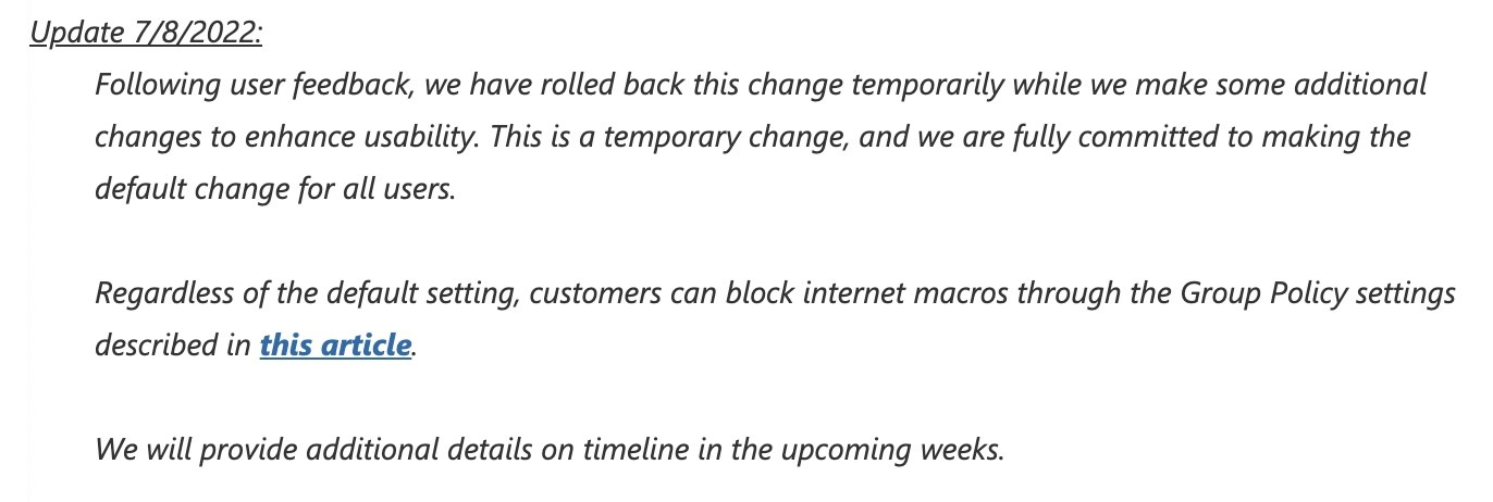 Microsoft says it will still block internet macros by default