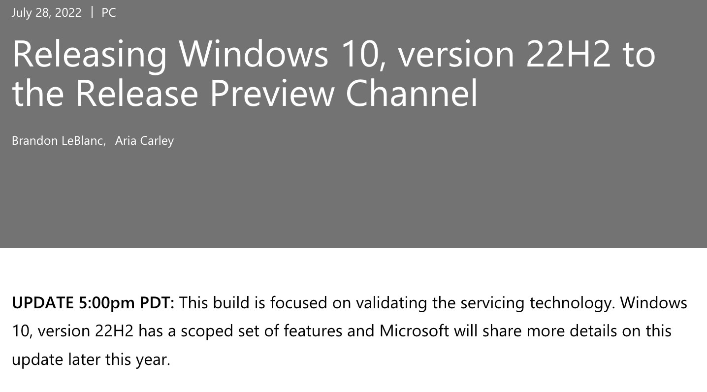 Windows 10 version 22h2 will have a scoped set of
