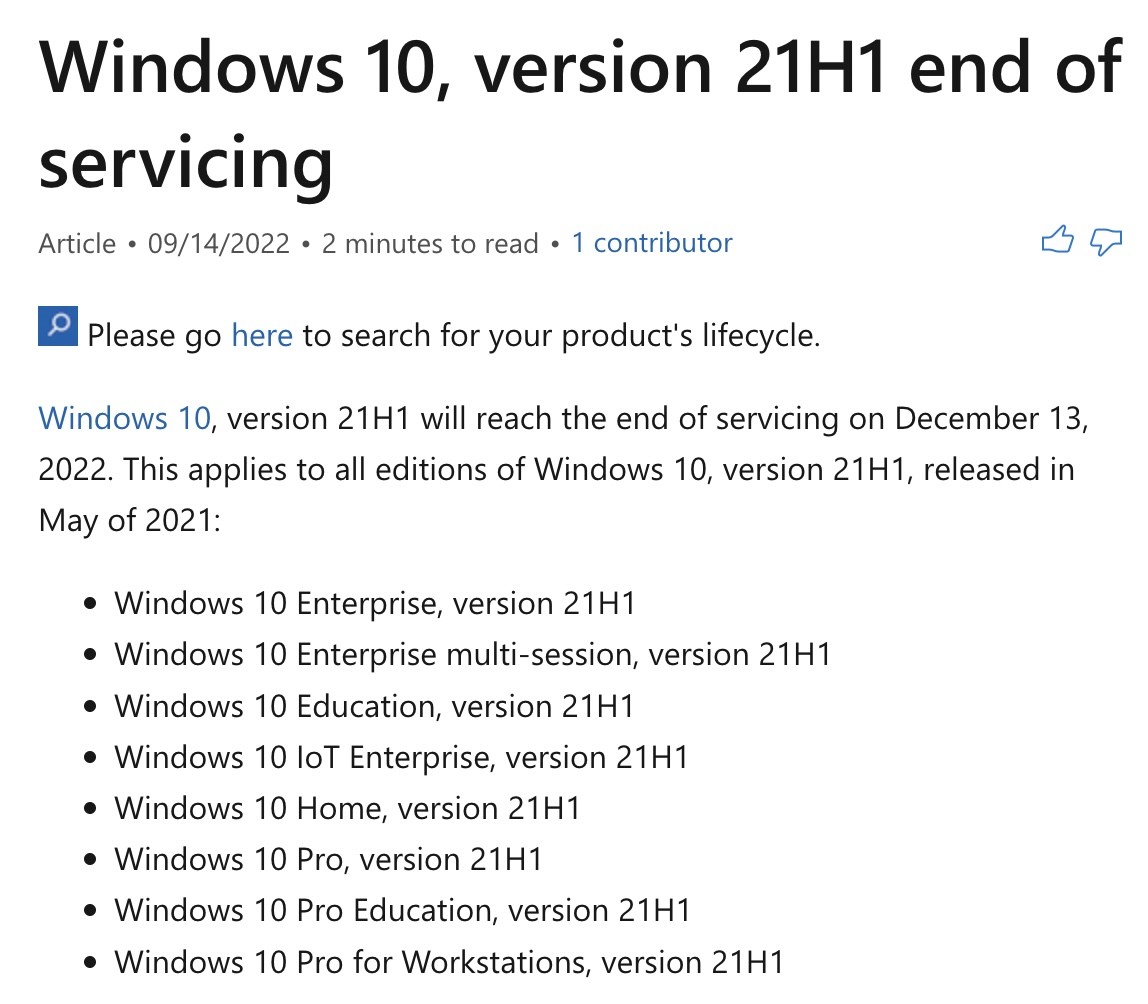 Windows 10 version 21h1 to go dark in december