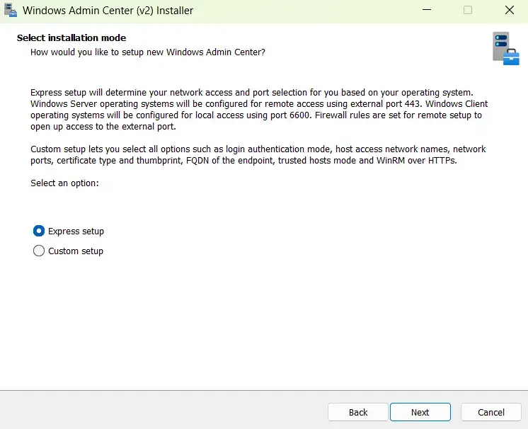 Windows Admin Center installer on Windows showing setup options