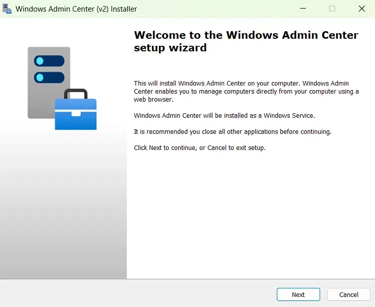 Windows Admin Center installer welcome screen