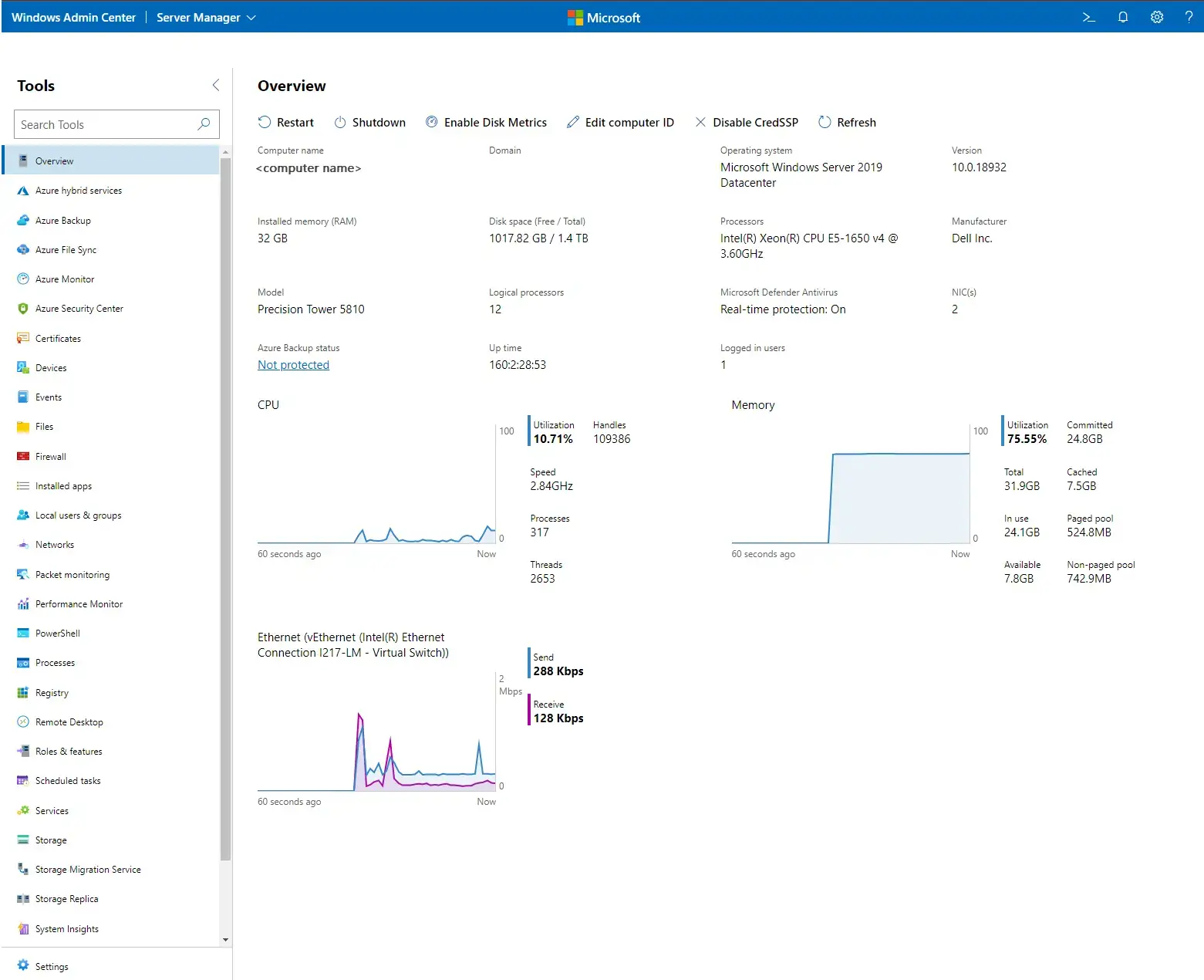 Windows Admin Center server overview page showing CPU memory and server details