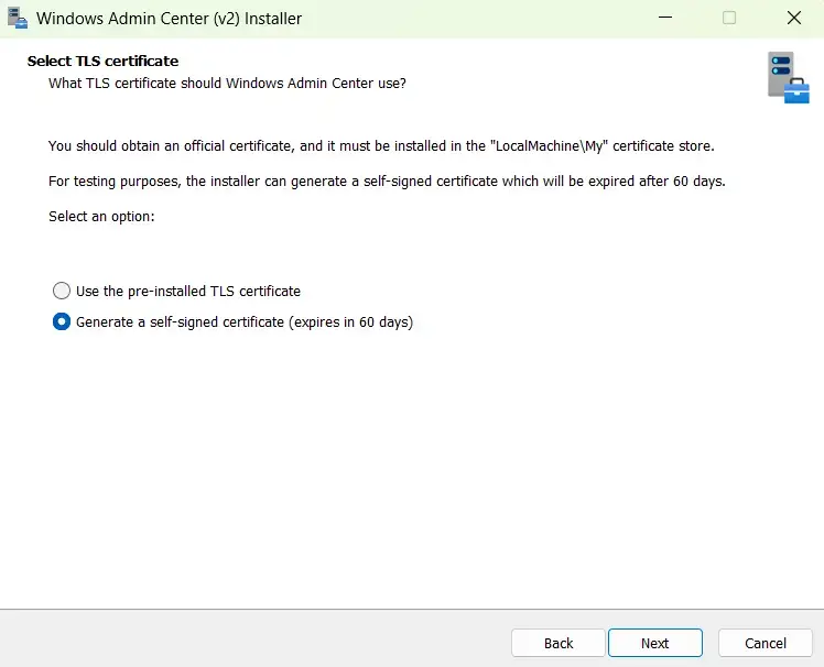 Windows Admin Center TLS certificate selection screen