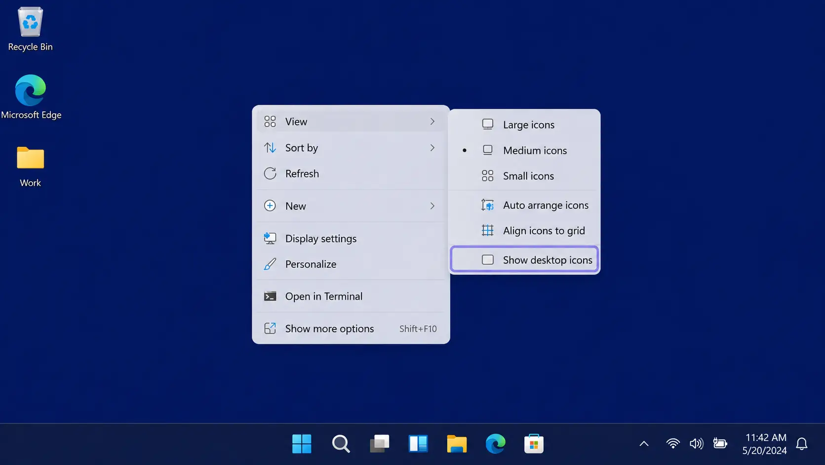 Windows 11 desktop right-click menu with View expanded and Show desktop icons unticked