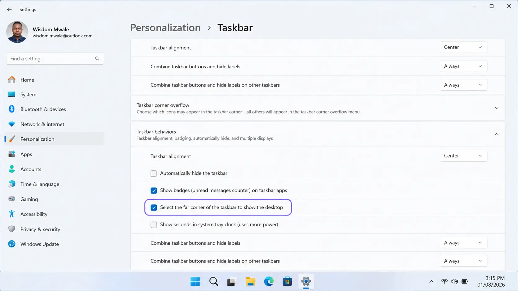 Windows 11 Settings showing Taskbar behaviors with the far corner show desktop option ticked