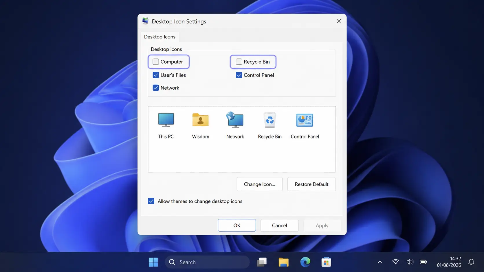 Windows 11 Desktop Icon Settings window with Recycle Bin and This PC checkboxes