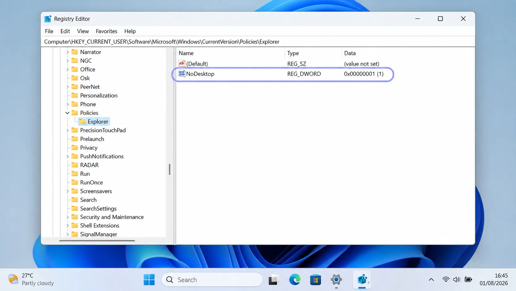 Registry Editor on Windows 11 showing the NoDesktop DWORD value inside the Explorer policies key