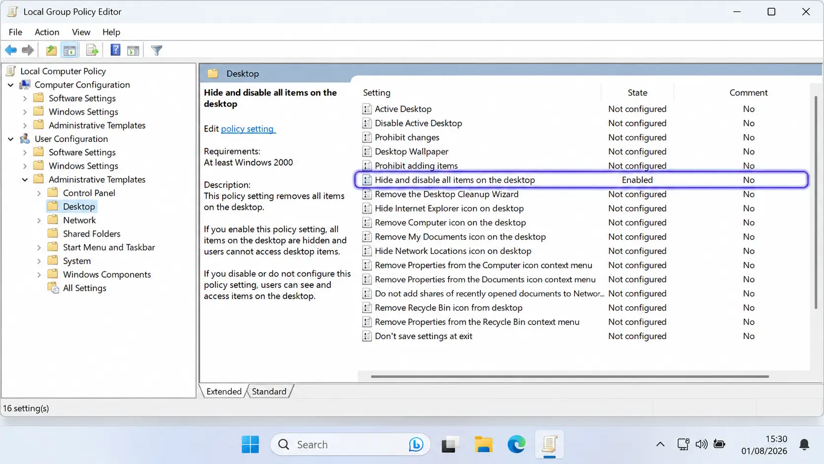Local Group Policy Editor with the Hide and disable all items on the desktop policy selected