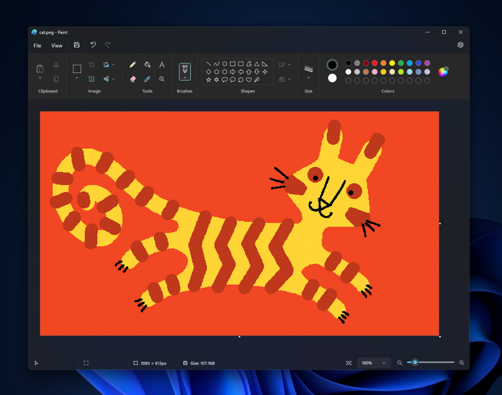 Paint in dark mode showing a drawing of a cat.
