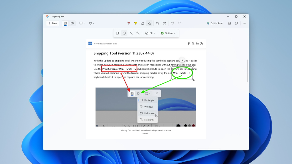 Snipping Tool window open with the new shapes toolbar active.