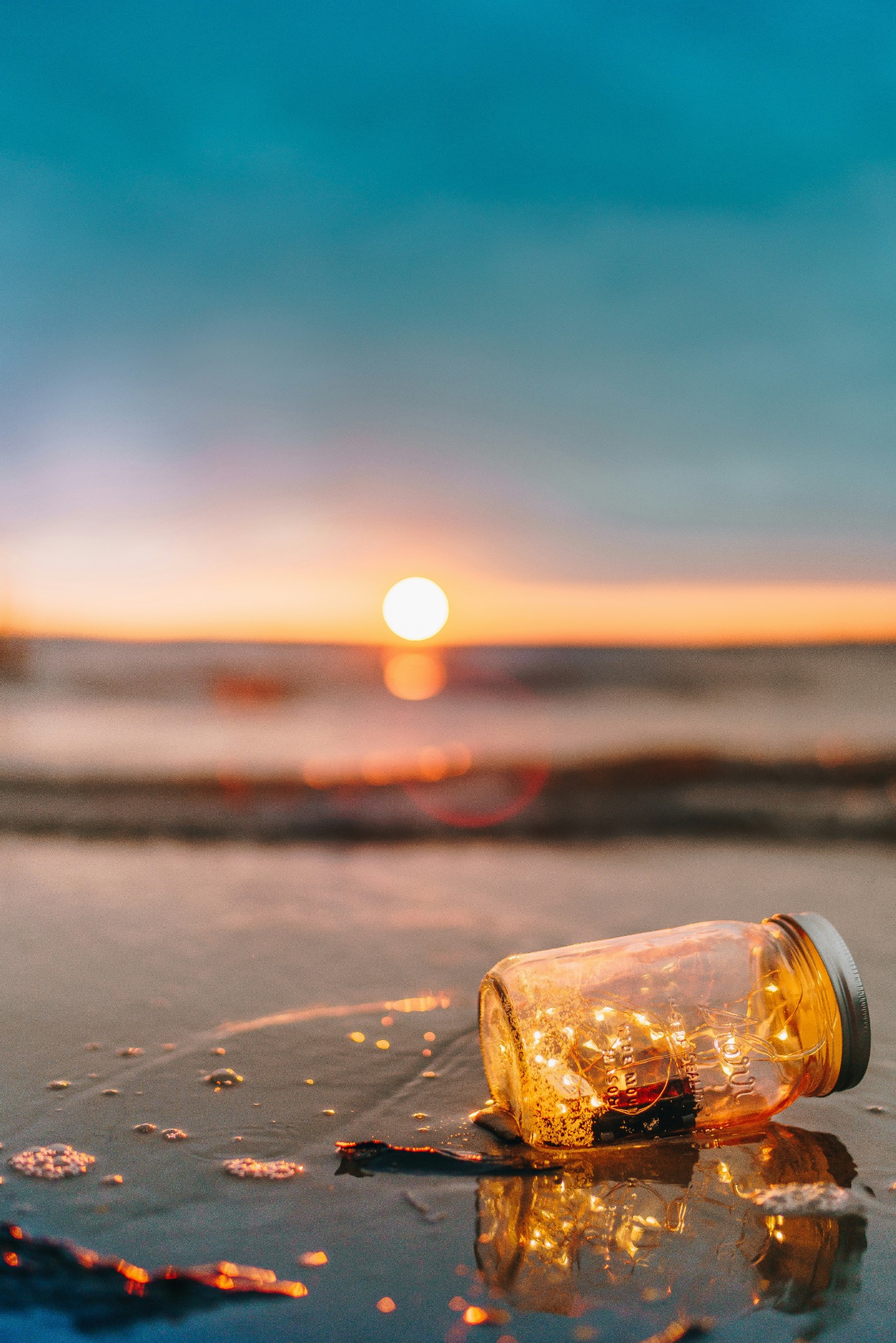 Beach sunset fairy lights jar