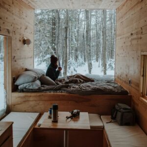 Cabin interior forest view winter