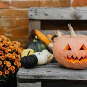 Carved pumpkin mums autumn decor