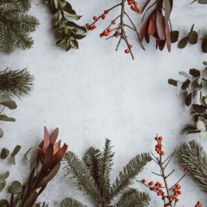 Christmas decorations flatlay berries eucalyptus