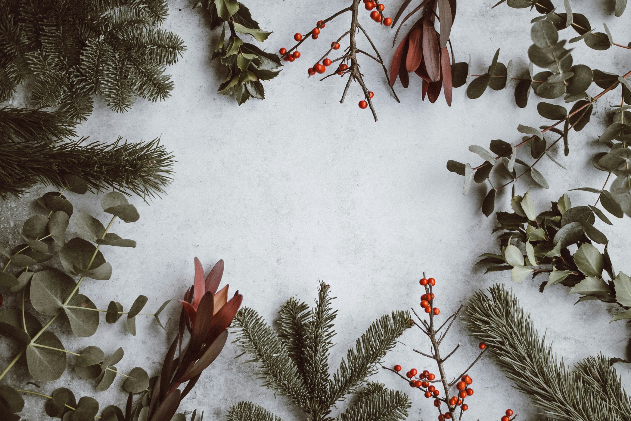 Christmas decorations flatlay berries eucalyptus