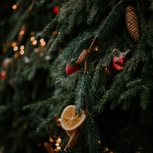 Christmas tree ornaments lights pine cones