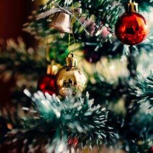 Close up of christmas tree ornaments