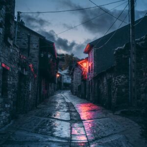 Cobblestone street red lights