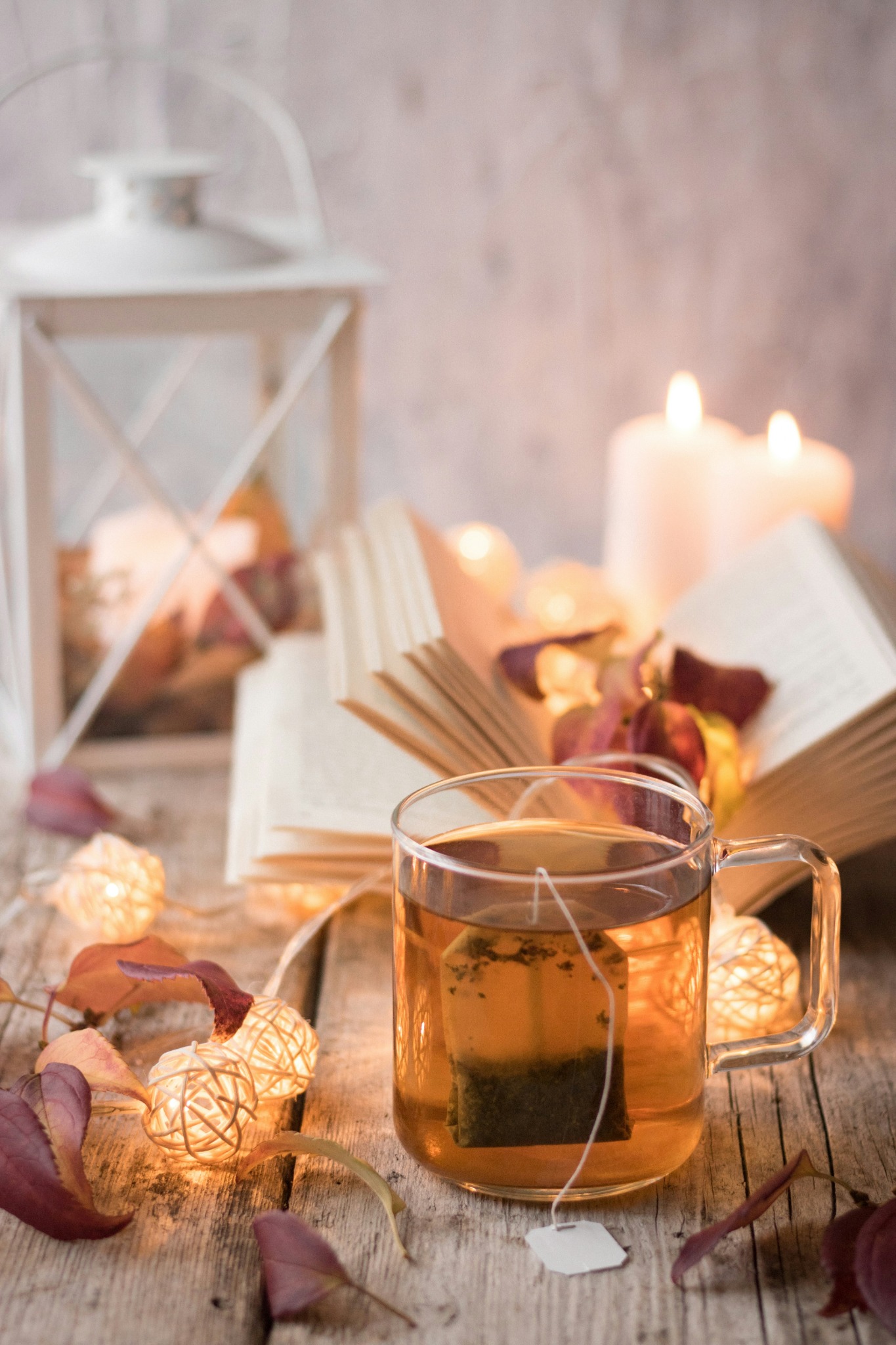 Cozy autumn tea book candles