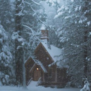 Cozy cabin heavy snowfall forest