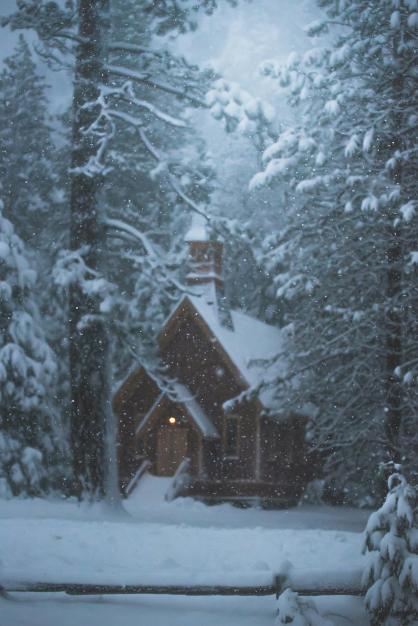 Cozy cabin heavy snowfall forest
