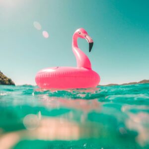 Flamingo float sea