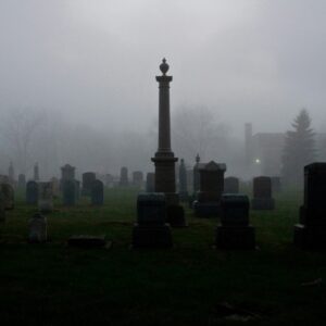 Foggy cemetery tombstones haze