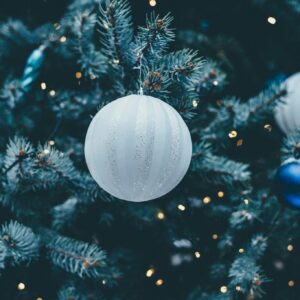 Frosted christmas baubles blue pine tree