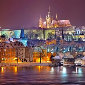 Illuminated castle winter night